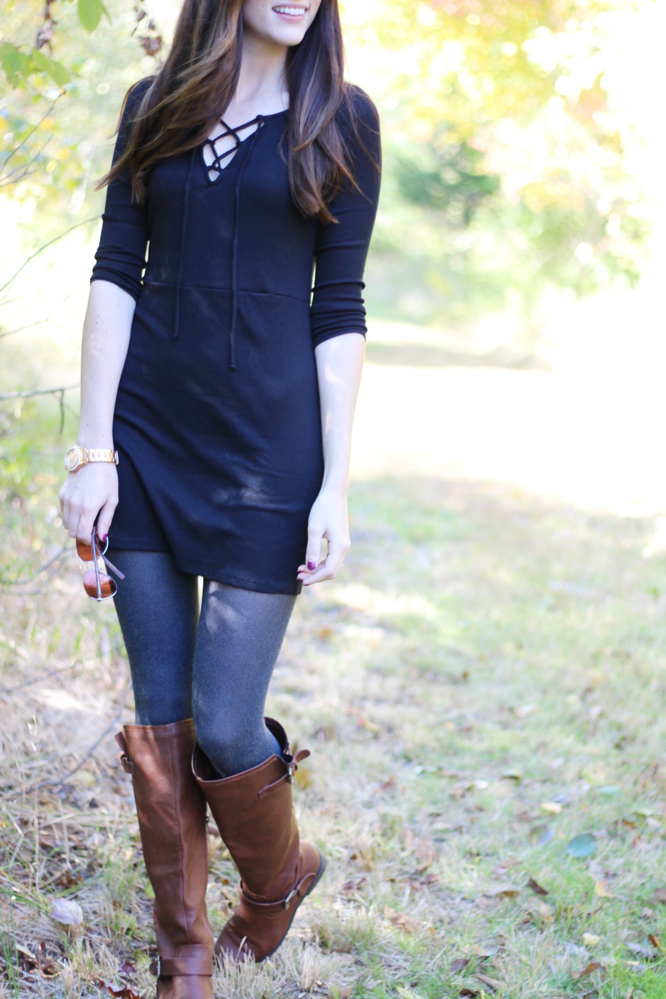 Fall Style Ribbed Lace Up Dress | Grey Tights Outfits | But First, Coffee blog